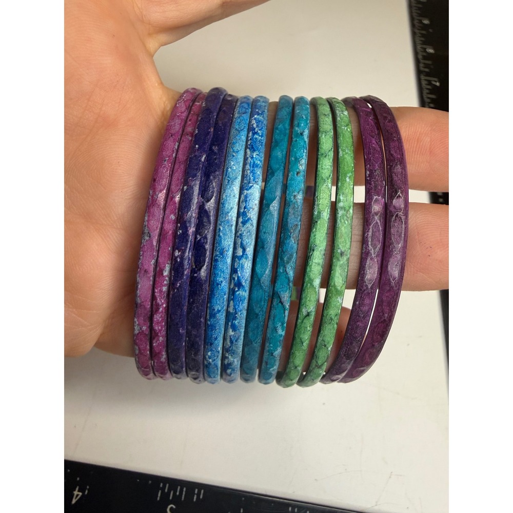 Multi Color Textured Metal Bangle Bracelets Set of 10 Purple Blue Green Stack